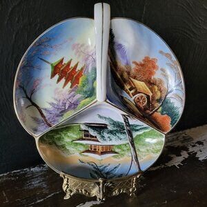 Vintage Kutani Japan Divided Dish with Handle, Three Scenes, Pagoda , Vintage Ja